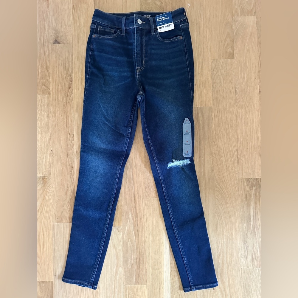 Old Navy Dark Blue Xtra Hi-Rise Rockstar Super Skinny Jeans with Knee Distress